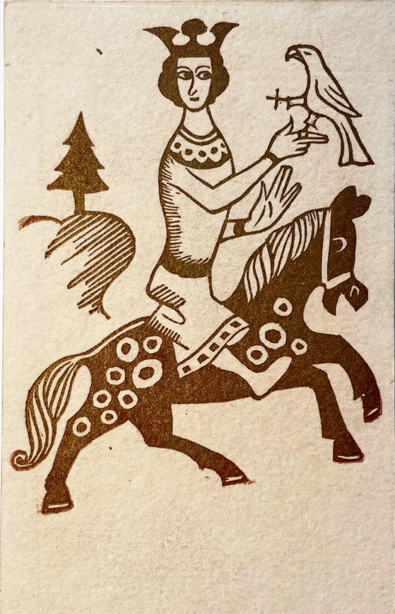 Vintage Print Postcard Medieval Swedish Woodcut King Falconer with Falcon